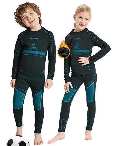 NOOYME Funktionsunterwäsche Kinder Skiunterwäsche Kinder Thermounterwäsche Kinder Atmungsaktiv & Hautfreundlich Sportunterwäsche Kinder Fussball,Schwarz-hellblau (128/134) 130-135cm