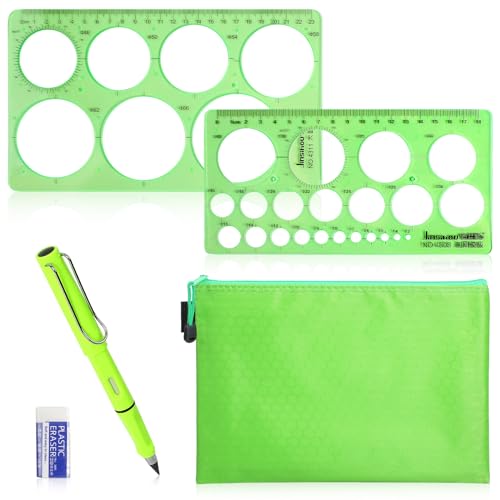 Holseylex 2Stk kreisschablone set,3-70mm lochschablone technisches zeichnen,Mit Haltungskorrektur Bleistift,Radiergummi,Wasserdichter B5-Dokumentenhalter,für Zeichenhilfen, Quilling Schablone