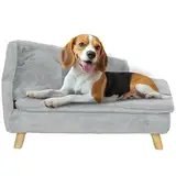 PawHut Hundesofa für mittelgroße Hunde, Hundebett mit abnehmbarem und waschbarem Kissen, Haustiersofa mit Holzbeine, mit Erhöhtem Design, 15 kg, Hellgrau