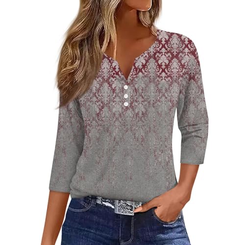 Temu Shop Kleidung Damen Compression Shirt T Shirt Kleid Damen Opus Shirt Damen V-Ausschnitt Blumen Bedruckt Henley Shirt Dreiviertelarm Shirt Leichte Blusenshirt Trachtenbluse Damen T Shirt (Rot, Xl)
