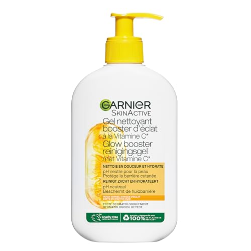 GARNIER Skin Active – Reinigungsgel Booster für Glanz – pH-neutral – entfernt Make-up sanft, spendet Feuchtigkeit & hellt – angereichert mit Vitamin C & Glycerin – Vegan & Cruelty Free – für alle