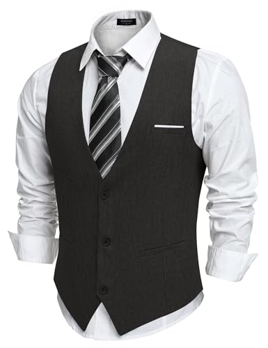 COOFANDY Weste Herren Anzug Anzugweste mit Taschen Gilet V-Ausschnitt Hochzeit Weste Businessweste Suit Vest Frackweste Smoking Weste Elegant Schwarz M