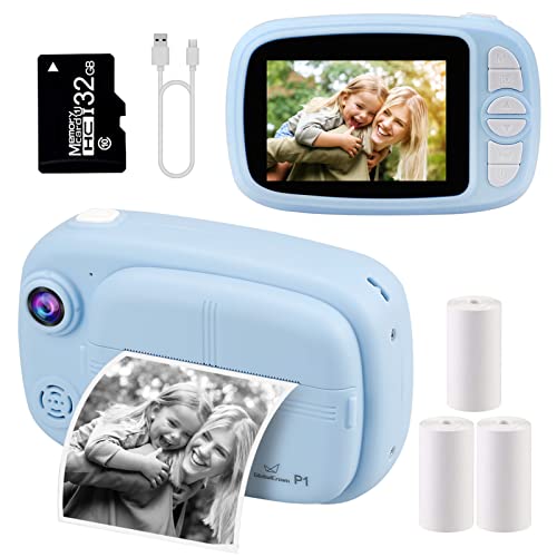 GlobalCrown Sofortbildkamera Kinder,Digitalkamera kinderkamera fotoapparat Kamera Geschenke für 3-12 Jahre Jungen Mädchen (einschließlich 4 Rollen Druckpapier und 32GB Karte)