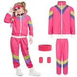 AYBUY 90er 80er Jahre Outfit Kinder, New Kids Kostüm 80er Jahre Trainingsanzug Disco, Jacke und Hose, Jogginganzug, Bad Taste Outfit, Retro-Style, Karneval, Mottoparty(L-Roserot)