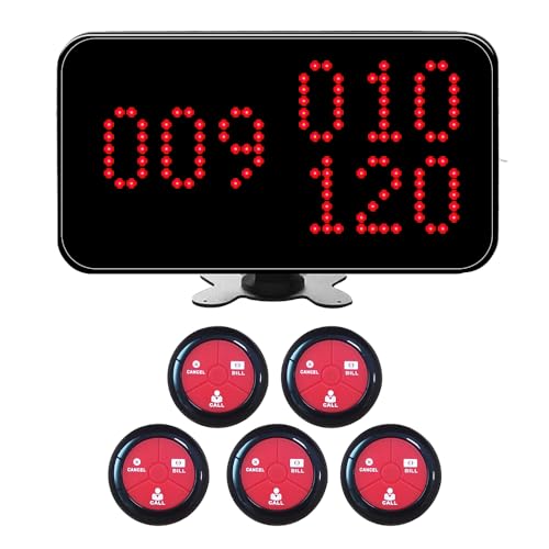 Restaurant Pager Drahtloses Rufsystem Patienten Pager System Kundenruf System Mit 5 Wasserdichten Rufknöpfen und 1 Anzeigeempfänger für Restaurant, Bar,Krankenhaus, Klinik,Café, Shop