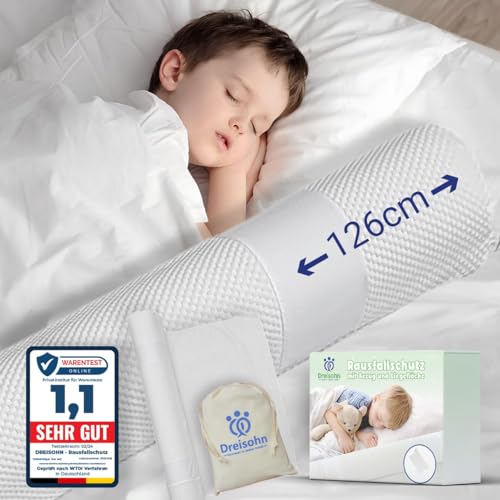 Dreisohn® Aufblasbarer Premium Rausfallschutz Bett (126cm, 1er Set) Bettgitter, Absturzsicherung und Bettkantenschutz für Kinderbett auf Reisen und Zuhause, inkl. Stoffüberzug und Baumwollbeutel