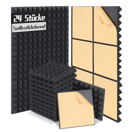 Auslet Akustikschaumstoff Selbstklebend,Schalldämmung Akustikpaneele 24 Stück,Hoher Dichte Schaumstoffplatte,Pyramide Schallschutzmatte für Aufnahmestudio Büro,Tonstudio,Haus,30 x 30 x 5cm