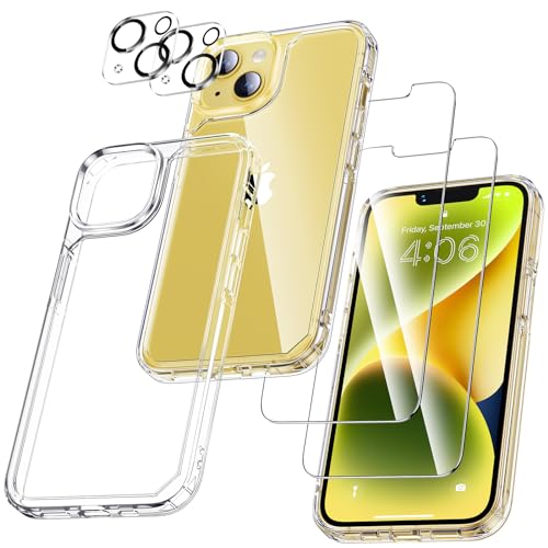 UniqueMe 5-in-1-Set für iPhone 14 Hülle, [Nie Vergilbung] Handyhülle für iPhone 14 Case Rundumschutz Schutzhülle Cover [1 Handyhülle+2 Schutzfolie+2 Kameraschutz] - Transparent