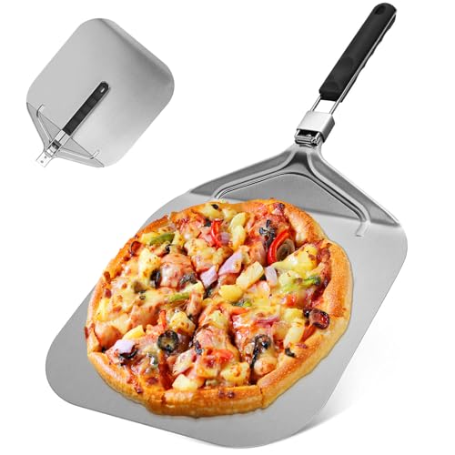 Zaxiva Pizzaschaufel Edelstahl, Pizza Schaufel mit Aluminium, 32 x 32 cm Großflächige Halterungen Pizzaofen Zubehör Werkzeuge für die Einfache Aufbewahrung, für Familie Pizza Backen Pizza Backen