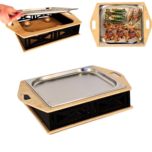 CAWI BBQ-Boards HeatBoard – Speisenwärmer für Grillabende | BBQ Servierplatte mit Edelstahlauflage & Teelichtfunktion | Warmhalteplatte für Fleisch & Beilagen | Grillzubehör mit Stil