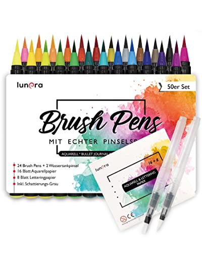 lunera Brush Pen Set Pinselstifte I 50er Set I 24 Aquarellfarben, 8 Lettering + 16 Aquarellpapier, 2 Wassertankpinsel I Echte Pinselspitze für Aquarell und Kalligraphie