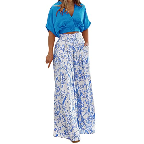 Generisch Damen 2-Stück Hosen Outfits Lässig Knopfhemd Bluse Langes Weites Bein Palazzo Set Hosenanzug Zweiteilig Hohe Taille Zweiteiliges Sexy Party Anzughose Slim Fit Elegante Anzüge (Blue, S)