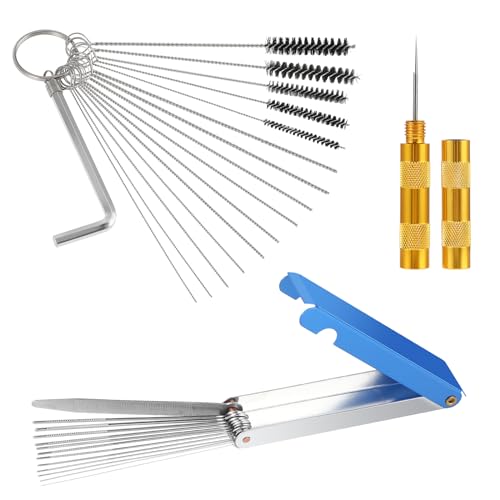 Andibro Reinigungs Set für Vergaser,Brennerspitzen Reinigungsset 13 Reinigungsdrähte + 10 Reinigungsnadeln + 5 Nylonbürsten + 1 spitzes Spitzwerkzeug + 1 Drosselklappenschlüssel Schweißspitzenreiniger