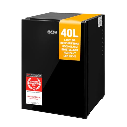 TZS First Austria lautloser Minikühlschrank | Getränkekühlschrank | Minibar | Wechselbarer Türanschlag | LED-Licht | ohne Gefrierfach | Glasdesign | 40L