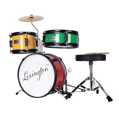 Lexington Kinderschlagzeug 3 PC, Schlagzeug Set für Kinde mit Snare, Tom, Bass Drum, Bass Drum Pedal, Thron, Becken, Drumsticks, Rot, Gelb, Grün