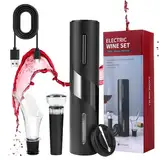 Korkenzieher Elektrisch, Weinflaschenöffner Set, Automatischer Flaschenöffner, Geschenkidee Weinflaschenöffner, Korkenzieher Wein mit Kapselschneider, USB-Kabel, Ausgießer, Vakuumstopfen