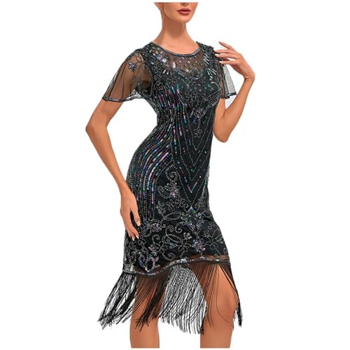 Battnot 1920s Kleid Damen Flapper Kleid mit Kurzem Ärmel Gatsby Motto Party Damen Kostüm Kleid 20er Jahre Kostüm Damen 1920s Charleston Kleid Damen Knielang Cocotail Party Kleid Gatsby Kostüm Kleid