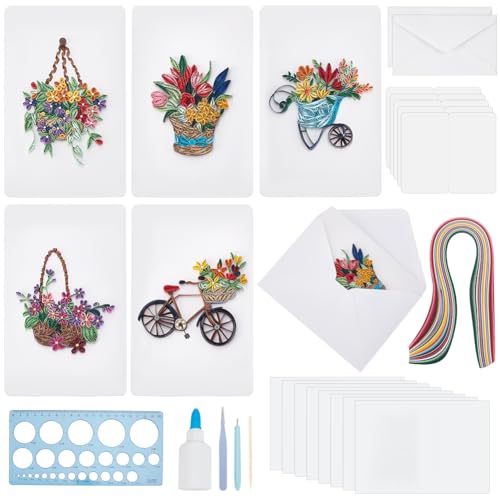 WEBEEDY 20 Set Papier Quilling Kit Für Erwachsene Anfänger DIY Blumenkorb Quilling Blank Card Kit 5 Stile Blumenkorb Grußkarten Bastelset Mit Anleitung Für Geburtstag