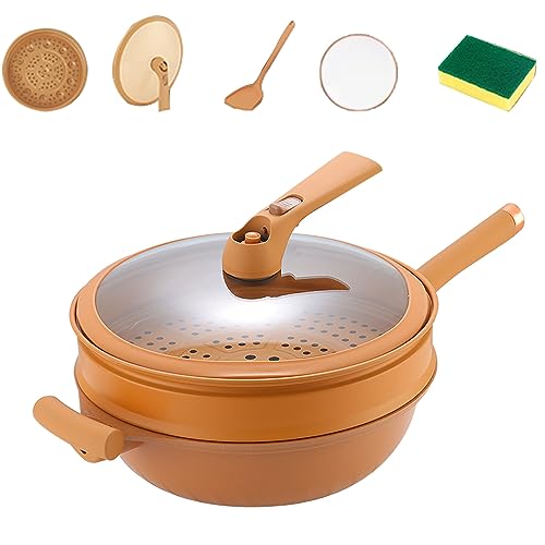 COALHO Clay Wok,Multifunctional Non-Stick Wok,Nutritious non-stick micro-pressure wok,Frying, cooking, stewing, stir-frying, steaming drawer lid, non-smoking,household frying pan