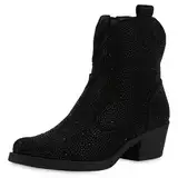 VAN HILL Damen Cowboy Boots Trichterabsatz Strass Trendy Schuhe 214273 Schwarz 41