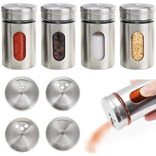 4 Stück Gewürzstreuer, Gewürzdosen Edelstahl, 80ml Gewürzstreuer Glas, Gewürzgläser mit Streueinsatz, Gewürzbehälter für Gewürze Küchenutensilien, mit Sichtfenster und 3 Verschiedenen Lochgrößen