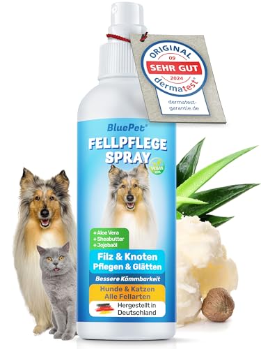 BluePet Entfilzungsspray für Hunde & Katzen = Sanft Verfilzungen Entfernen I Anti Filz Spray - Fellspray für Haustiere Made in Deutschland I Entfilzer & Glätten + Aloe Vera, Shea-Butter & Jojobaöl