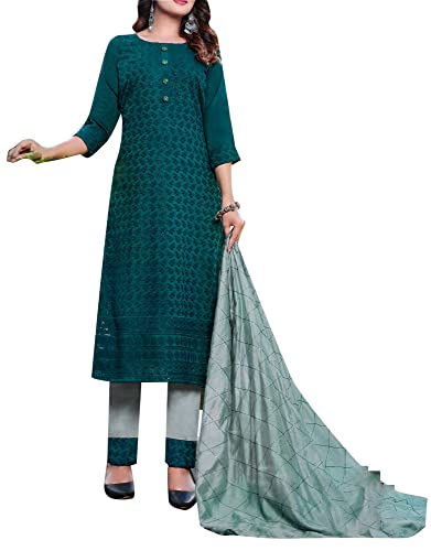 Ladyline Seidenbesticktes Kurta mit Hose, bestickt und Dupatta-Stickerei, Pailletten, Damenkleid, 3-teiliges Set (MASC1050), Kiefer (2), 38