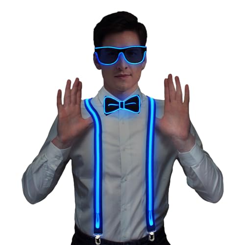 FORMIZON 3 Stück LED-Leucht-Hosenträger, Leuchtende Herren-LED-Hosenträge, LED Rave Outfit 3er Set, Verdrahtet Neon Rave Brille, LED Fliege für Musik Festival, Partybrille, Karneval-Kostümparty (Blau)