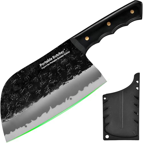 Portable Butcher Japanischer Koch Metzger BBQ Messer mit Schutz, hohe Kohlenstoffstahl Hand geschmiedet Ausbeinen Fleisch Hackmesser mit Messerscheide für Küche, Camping (7.08")