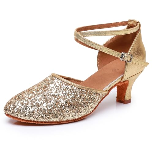Rosefinch Latein Tanzschuhe für Damen Salsa Bachata Ballsaal Professionelle Performance Tanzschuhe Gold 5cm Absatz 39EU