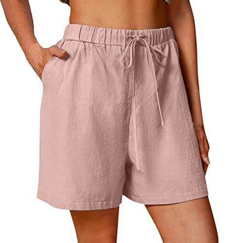 Shorts Damen Sommer Leinen Musselin Kurze Hose Damen mit Zwei Taschen Stretch Leichte Mode Solid Color Elegant Gerades Bein Sporthose Stoffhose Gummiband Strandhose Leinenhose Damen Kurz