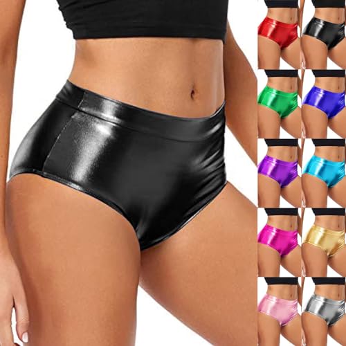 Glänzende metallische Booty-Shorts Damen Eng Ledershorts Pu Hotpants Sexy Kurze Hose Hot Pants Party Disco Kostüm Glänzende Shorts Metallic Hotpants Sexy Kostüme Frauen hohe Taille (12-Black, M)
