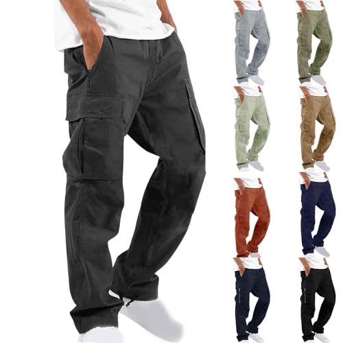 UHouse Cargohose Herren Hose Sommer Baumwolle Cargo Hosen Baggy Arbeitshosen Männer Leichte Sommerhose Bequeme Freizeithose mit Gummizug Freizeit Einfarbig Pants Sale Angebote Schwarz S