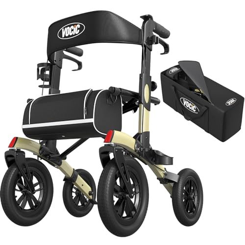 VOCIC Rollator Faltbar und Leicht mit Sitz,Outdoor Rollator mit Gummi-Nonluftbereifung für Allen Gelände,Aluminium Höhenverstellbare Rollatoren für Draußen&Langlauf&Reisen,Champagner(5 Jahre Garantie)