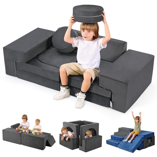 Kidirect Spielsofa, Kindersofa aus Schaumstoff Bausteine - Spielsofa für Kinder & Kuschelecke im Kinderzimmer [OHNE Harte Teile], Grau