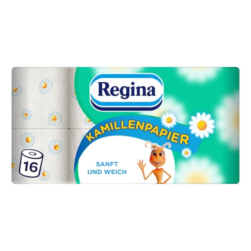 Regina Kamillenpapier 3-lagiges Toilettenpapier – 16-Rollen-Packung, 150 Blatt pro Rolle, Weich und Sanft mit Kamillenduft und FSC-zertifiziertem Papier