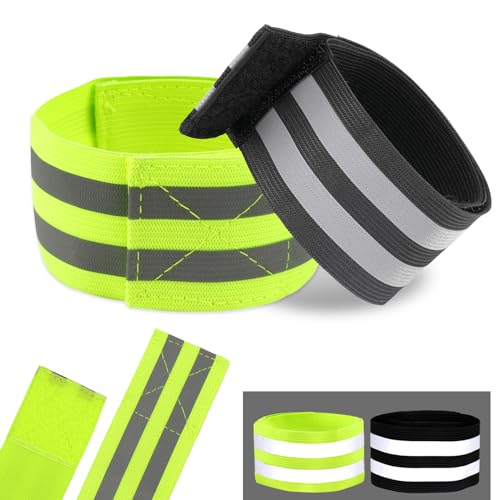 Tikplus Reflektorband, 4er Set Elastisch Fahrrad Reflektierende Bänder, Klettverschluss Reflektorbänder, Sicherheit Leuchtband für Outdoor-Joggen, Kinderwagen, Radfahren, Schwarz und Leuchtendes Grün