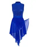 iEFiEL Damen Glitzer Ballettkleid Pailletten Ballettkleidung Ballett Trikot Swing Kleid Latein Tanzkleid mit Unregelmäßig Rock Leotards Trikot Kleider Blau M