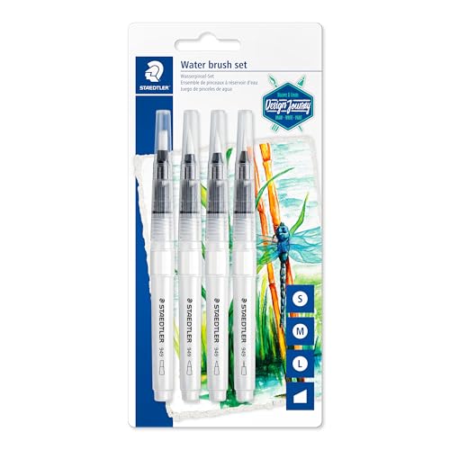 STAEDTLER 949-SBK4-C Wasserpinsel (zum Aquarellieren, Malen und Blenden, gleichmäßige Wasserabgabe, robuste Nylonspitze für Formstabilität, Set mit 4 verschiedenen Pinselspitzen)