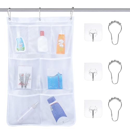 Occtingkind Dusch-Organizer mit 7 Taschen, zum Aufhängen mit Edelstahlhaken schnell trocknender Netz-Duschkorb für Kreuzfahrtschiff,Badezimmer, Studentenwohnheim, Fitnessstudio (1 Packungen)