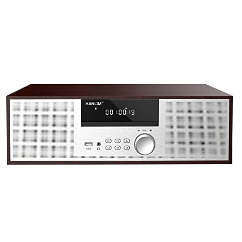 Jahrgang Micro HiFi-System CD-Stereoanlage Mini-Komponente 40W RMS CD-Player UKW/Bluetooth-kompatibel/USB/AUX/Fernbedienung/Kopfhörerbuchse Kompatibel mit hochauflösender Klangquelle,Silber,hölzern