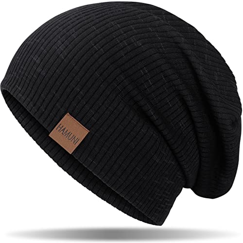 HAMUNI Mütze Damen Slouch Beanie Mütze Herren Elastisch Weich Bequem Jersey Mütze Klassische Mode Longbeanie perfekt für Frühling Herbst und Winter (Schwarz)