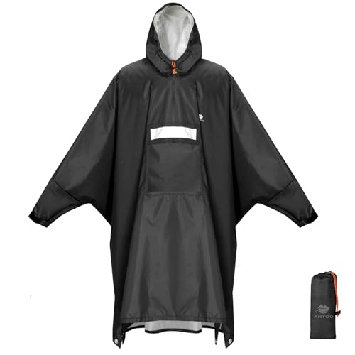 ANYOO Wasserdichter Regenponcho Winddichter Regenmantel mit Seitlichem Reißverschluss, Leichter Regenjacke mit Verstellbaren Ärmeln für Outdoor Wandern Radfahren, Einheitsgröße, Schwarz