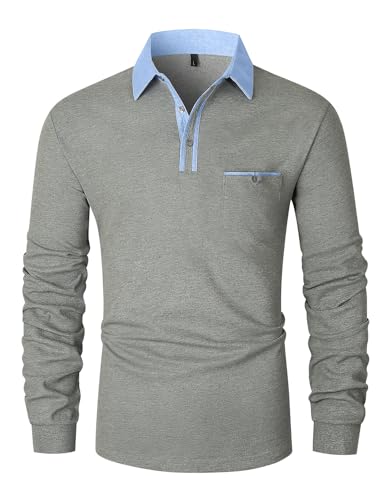 VMSUCIJ Herren Poloshirt Langarm Baumwolle Outdoor Casual Polo Tops Regular Golf T-Shirts,Grau 43,M