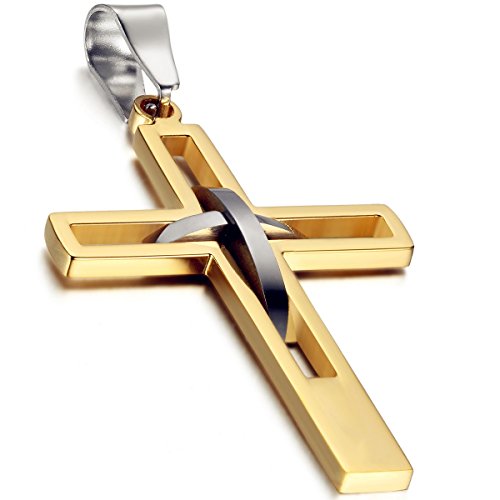 Flongo Kreuz Kette Herren gold: Kreuzkette Männer Halskette Anhänger Edelstahl Kettenanhänger kruzifix jesus taufkette Schmuck massiv Ostern Weihnachten Geschenk für Jung Damen Frauen 54cm lang