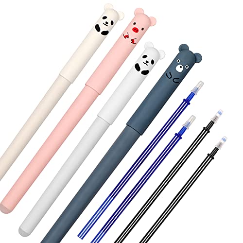 Eokeey Radierbarer Kugelschreiber, Cartoon Stift Radierbar, 4 Erasable Pen mit 4 Nachfüllungen, Löschbaren Gelstiften für Kinder Studenten Schule Büro (Schwarze, Blaue)