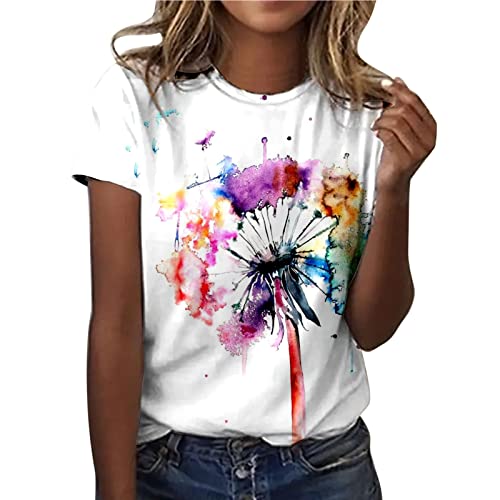 Damen Oberteile Sommer Tshirt Kurzarm Bluse mit Rundhalsausschnitt Bunte Blumen Drucken T-Shirt Tee Tops Pullover Teenager Mädchen Pulli Tunika Shirt Freizeit T Shirts Longbluse für Frauen