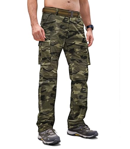 Cindeyar Cargohose Herren Relaxed Fit Baumwolle Wanderhose Herren Casual Arbeitshosen Männer Outdoor Militär Taktische Hosen mit Multi Taschen(Camouflage Grün,L)