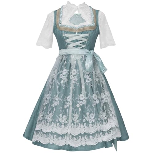 RYTEJFES Trachtenkleid Damen 3 Teilig Spitze V Ausschnitt Trachtenmode Midi Grosse Grössen Trachtenkleid Trachtenrock Kurzarm Oktoberfest Dirndl 164 Blau Dirndlschürze Grün Dirndl Bluse