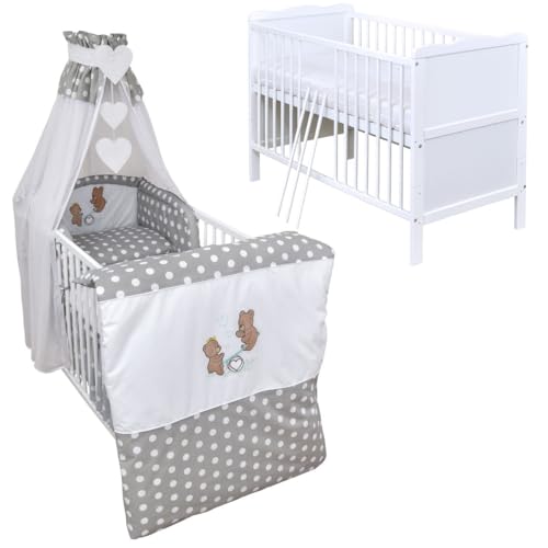 Generisch Baby Delux Babybett Komplett Set 9-TLG Kinderbett umbaubar zum Juniorbett 70x140 Matratze Jack Bettset Chiffonhimmel (Wippe Grey Dots)